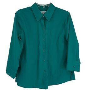 Foxcroft Button Up Shirt Womens Size 14P Collared Green Wrinkle Free Cotton